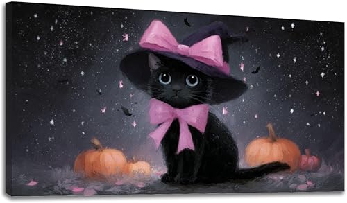 Miniatura 31 de 30"x 60" Canvas Wall Art Vintage Halloween Spooky Ghost Witch Black Cat Crow Painting Framed Pictures Painting Prints Large Wall Art for Living Room