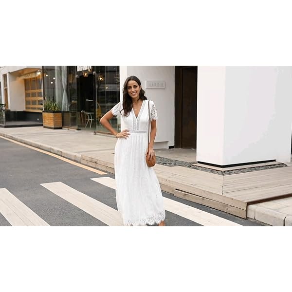 Bdcoco-Womens-V-Neck-Floral-Lace-Wedding-Dress-Short-Sleeve-Bridesmaid-Evening-Party-Maxi-Dress Bdcoco Womens Plunge V Neck Lace Maxi Dress Short Sleeve Cocktail Party Wedding Dresses White