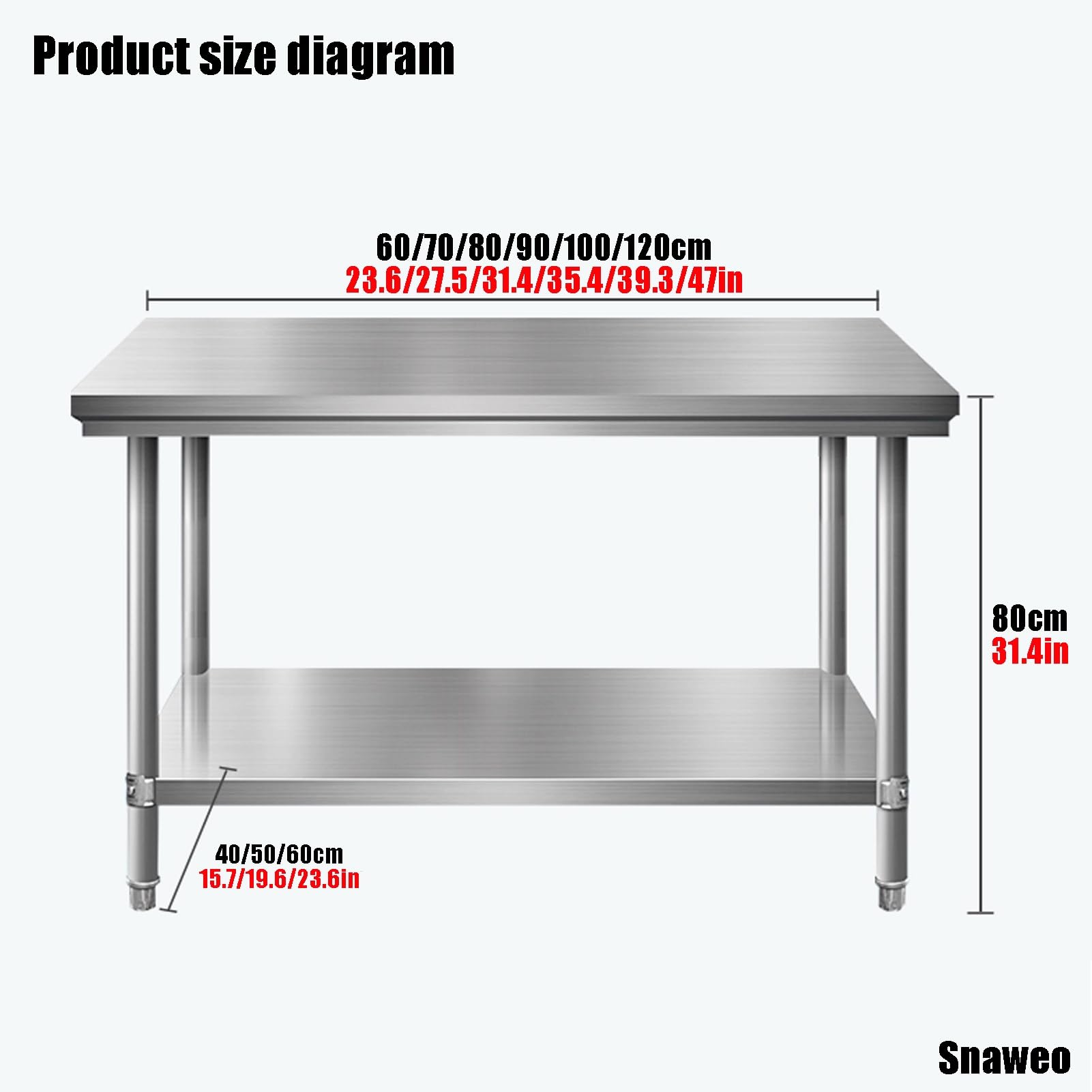 Table de Travail en Acier Inoxydable pour Restaurant, Cuisine Professionnelle, Table de Travail Cuisine avec Pieds réglables, pour la Maison et l'hôtellerie(80x60x80cm)
