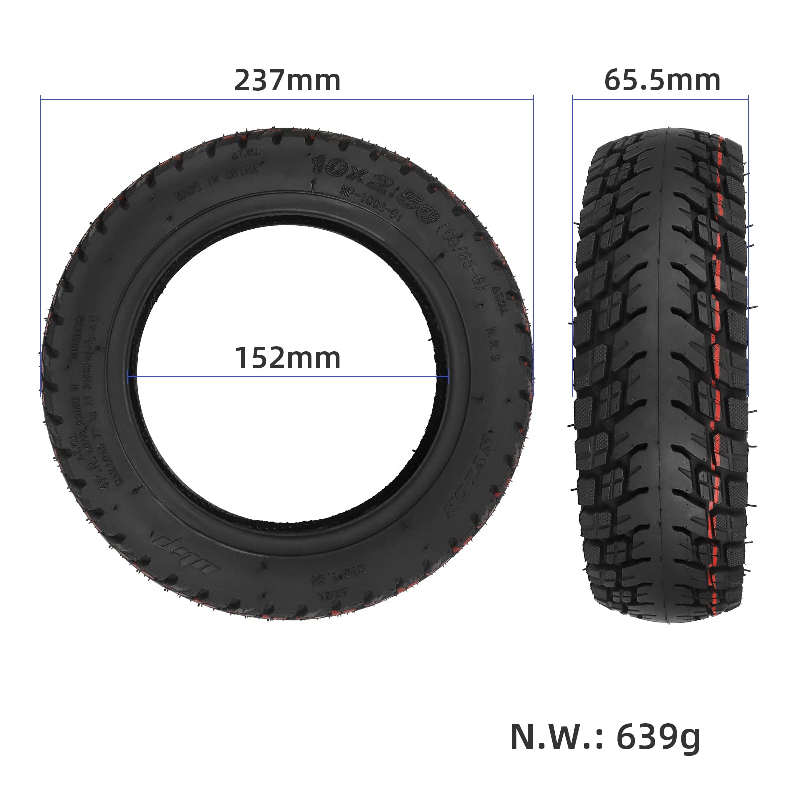 Vroomoto Pneu sans Chambre à Air 10x2.5 60/85 – 6, Pneu sous Vide Hors Route pour Scooter électrique, en Caoutchouc Antidéflagrant
