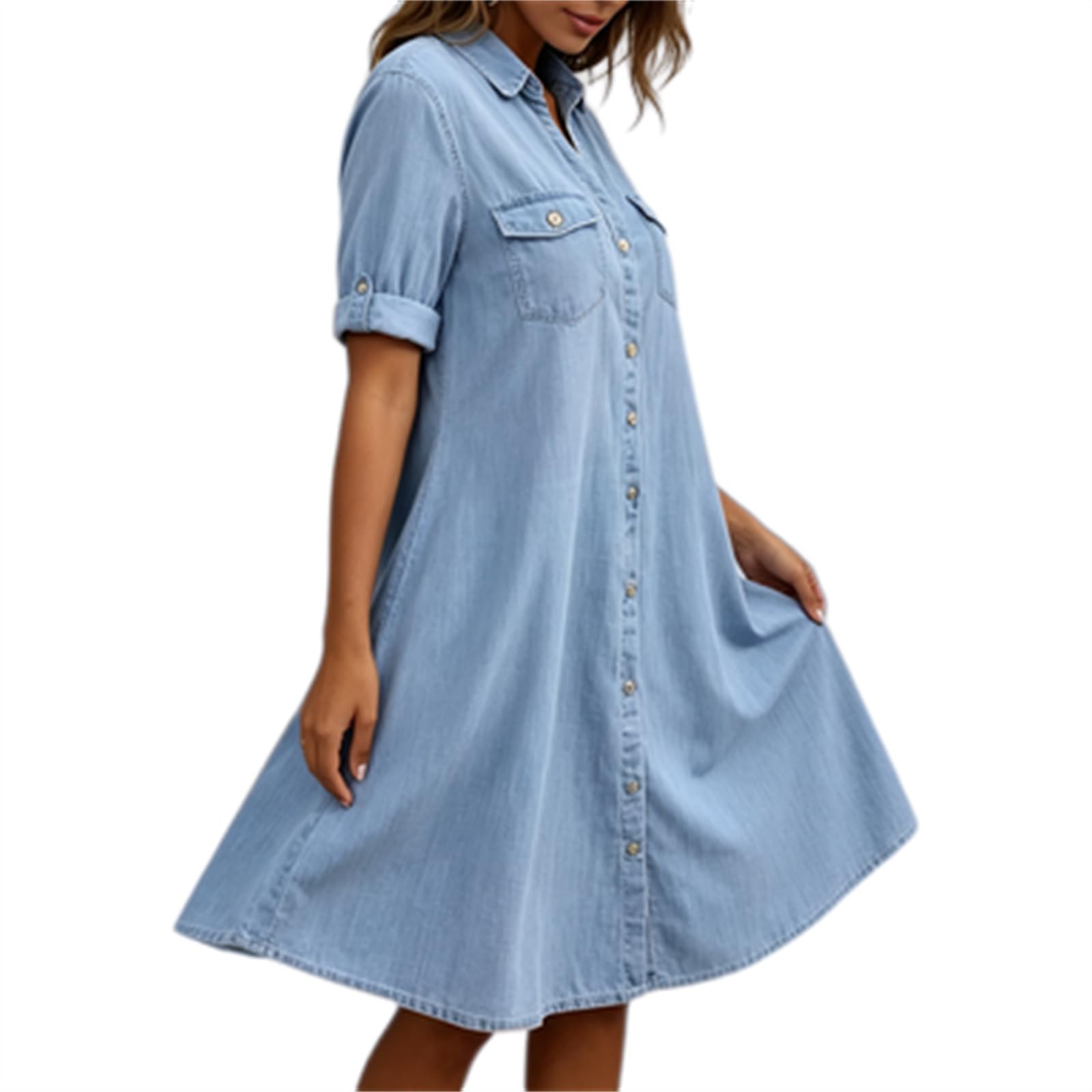 Generisch Sommerliches Jeanskleid mit kurzen Ärmeln, Business-Casual, Midi-Länge, Knopfleiste, Babydoll-Schnitt und Taschen