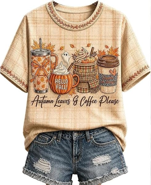 Women Autumn Leaves and Coffee Please Print Casual Shirt Funny Pumpkin Tee - 1