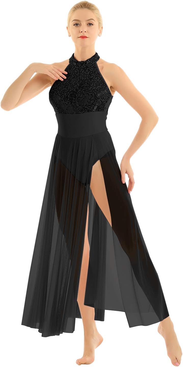 YiZYiF Women's Adult Sequins Ballet Contemporary Dance Dress Lyrical Leotard Costume