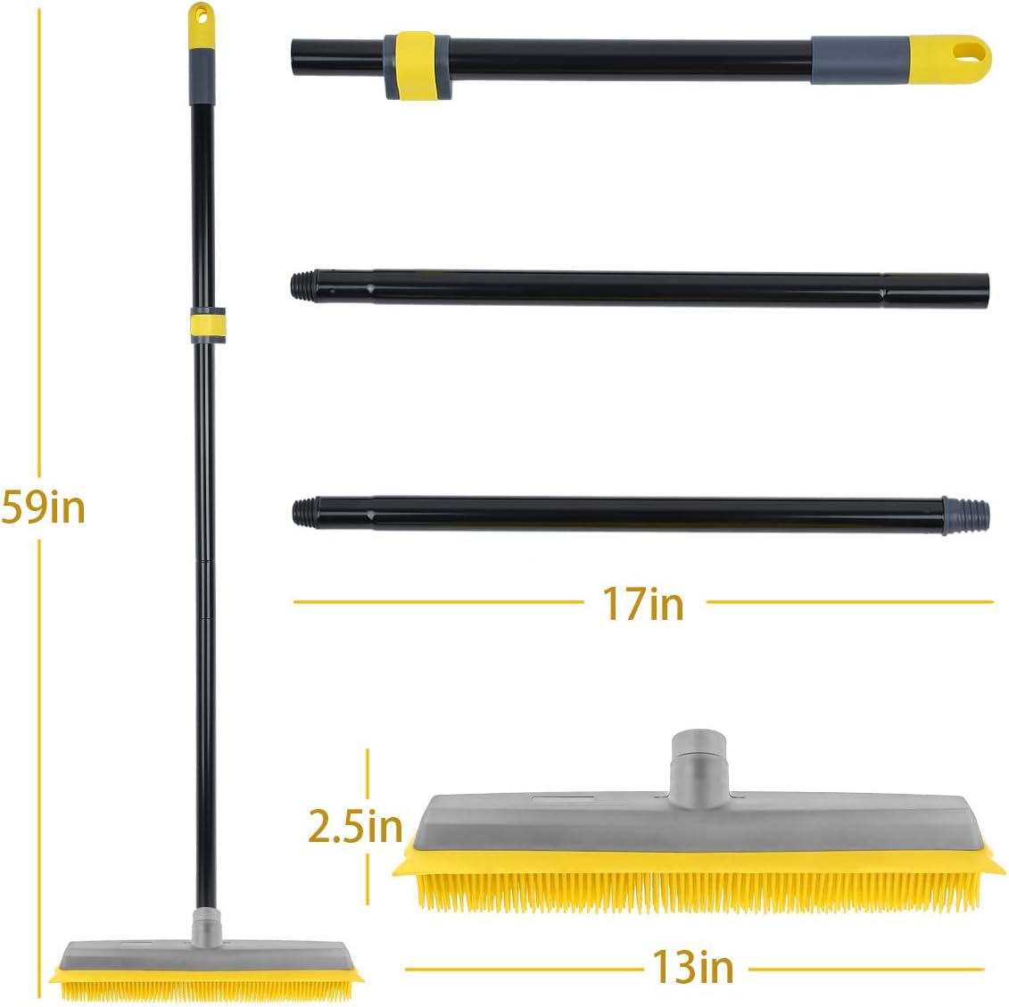 Pet Hair Broom Rubber Broom 59 Long Handle with Build-in Squeegee for Sweeping Hardwood Floor Tile