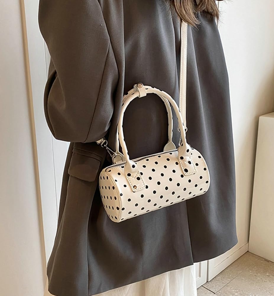 Halemet Polka Dot Crossbody Bags for Women Round Boston Bag Glossy Purses Women Satchel Handbag Cute Mini Bucket Bag Trendy