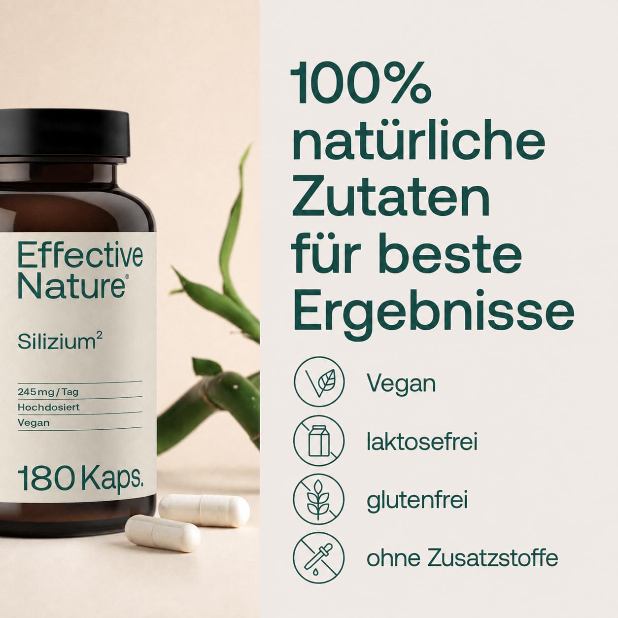 Effective Nature Silizium Kapseln hochdosiert mit Zink | 700 mg Bambusextrakt mit 525 mg Silica pro Tag – Zink für Haut, Haare, Nägel und Knochen, vegan - 180 Stk.
