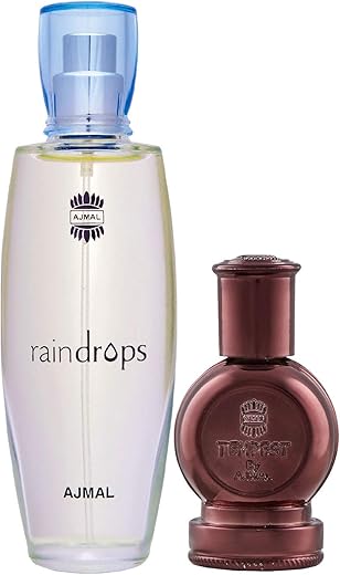 Ajmal Raindrops EDP Chypre 50ml for Women and Tempest Concentrated Perfume Oil Non Alcohol Attar 12ml for Unisex + 2 Parfum Testers Free, Floral, Pack of 2