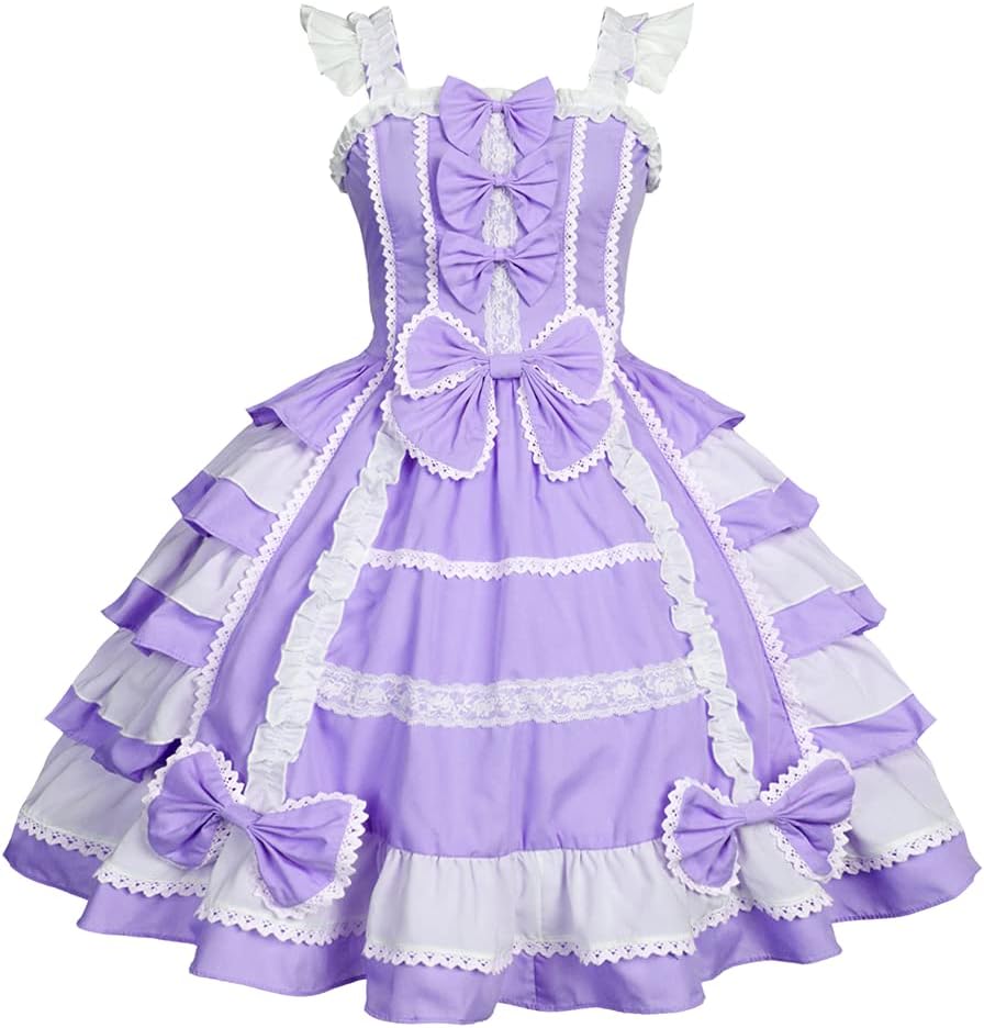 Women Sweet Lolita Dress Victorian Sleeveless Princess Halloween Cosplay Costumes Lace Layers Maid Dresses