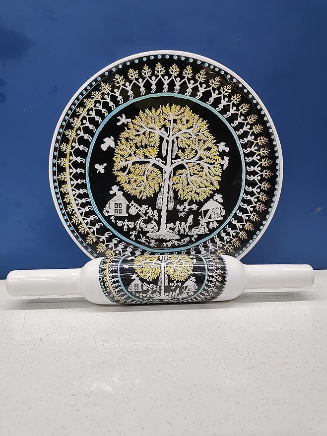 ABQA IMPEX Printed White Marble Roti Maker with Belan Enamel Print/White Marble Chakla 10 Inch Diameter with Belan (Printed Enamel Chakla Belan)-image-9