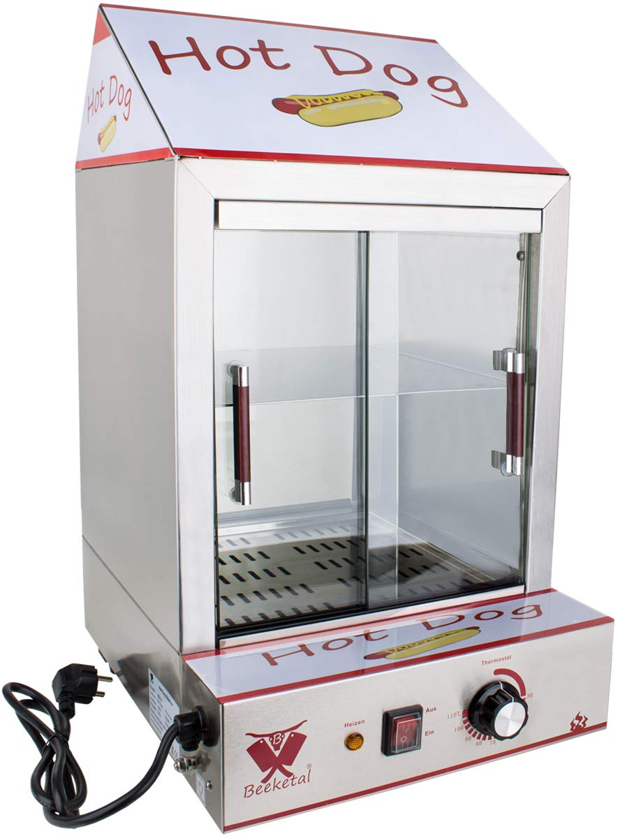 Beeketal 'HDS-2' Profi Gastro Edelstahl Hot Dog Steamer Maker zum Erhitzen und Warmhalten von ca. 100 Hotdog Würstchen und 20 Brötchen, Hotdog Würstchenwärmer und Brötchenwärmer Imbiss Stand Gerät