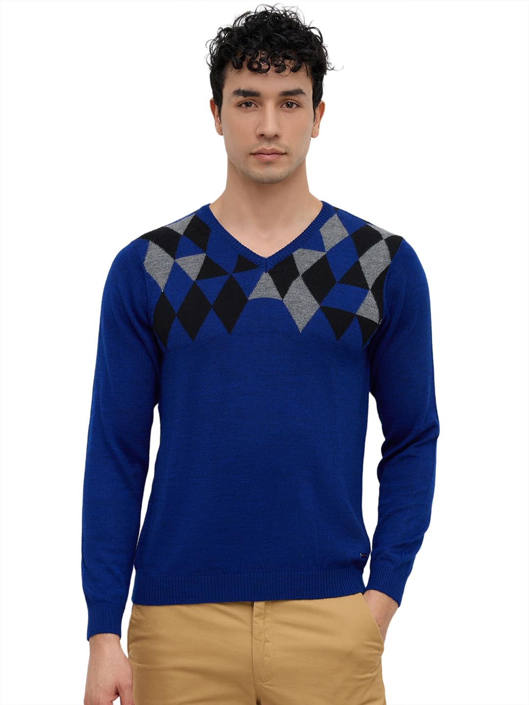 park avenue Men Regular Fit Argyle Pattern Merino Wool Acrylic Blend Full Sleeve V Neck Casual Sweater Dark Blue-picture-12