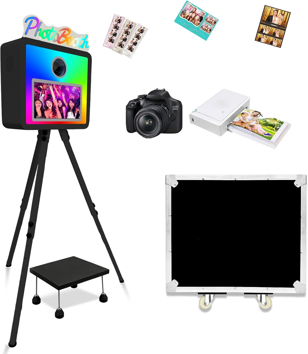 Portable Photo Booth Machine with 15.6" Touchscreen, Include Printer Holder, Height Adjustable, Built-in Mini PC, RGB Light, Flight Case for Party Wedding Event ，Black：Photo Booth+Camera+Printer