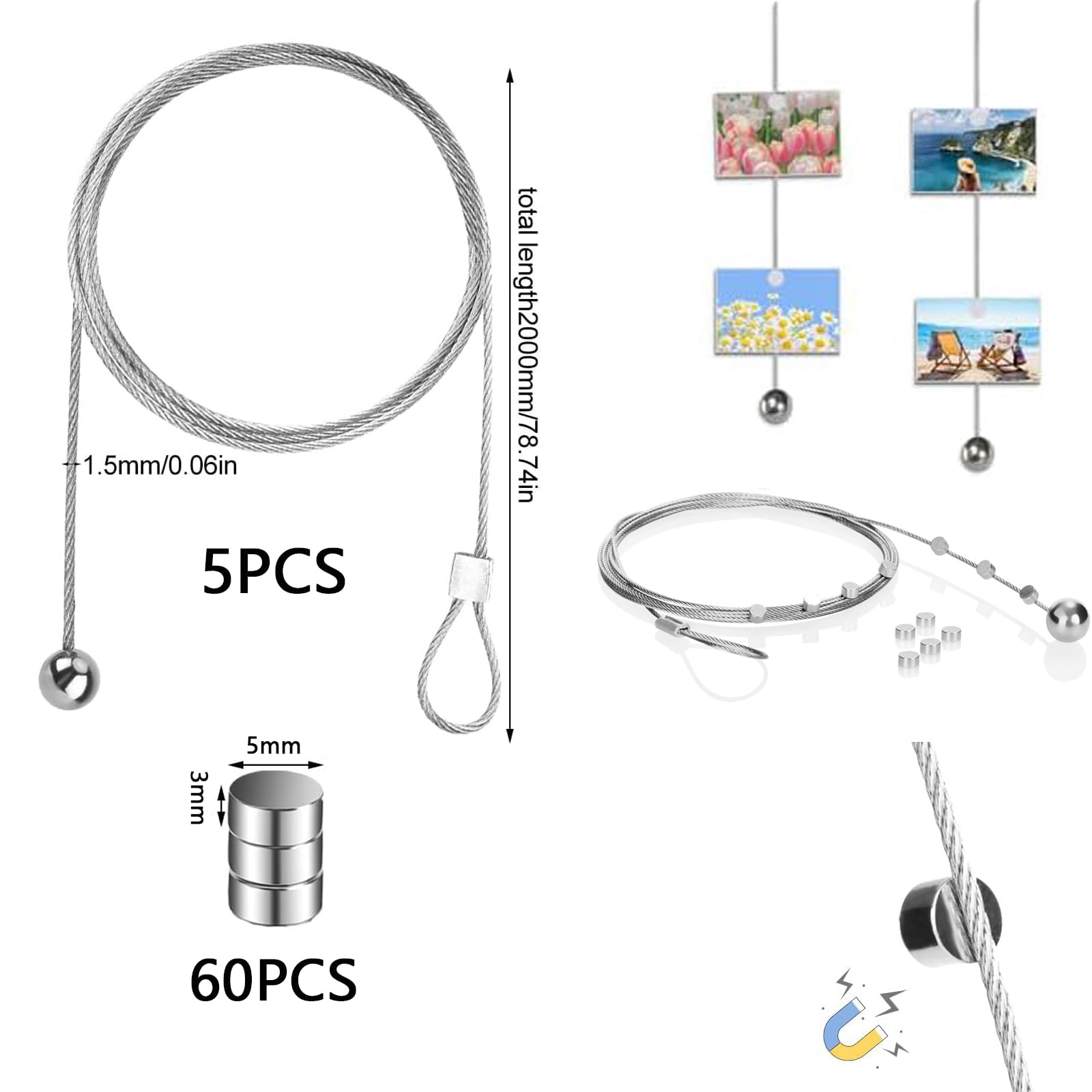 Set Filo Per Appendere Foto Con Magnet - 4 Cavi Metallici 2m E 48 Magnet, Per Esporre Foto E Cartoline - Foto 9