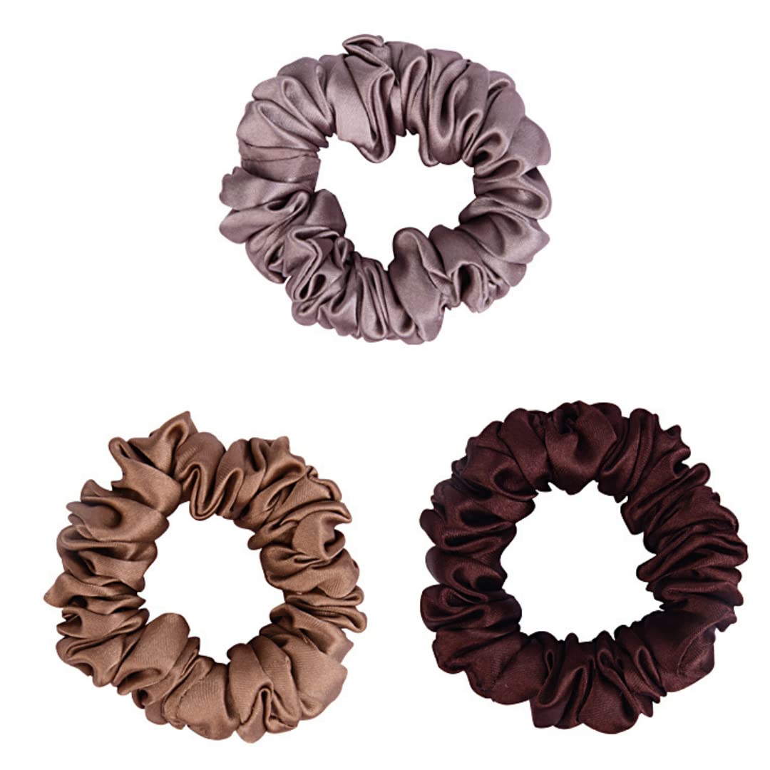 Arendelle Shades of Earth Skinny Satin Scrunchies – Pack of 3 | Soft, No-Damage Hair Ties for Women & Girls | Extra Small Size | Same Colours as Photo | Gift for Sister, Girlfriend, Mother