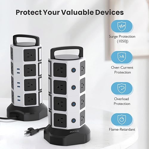 Miniatura 2 de Regleta múltiple de 3000W, 18 tomas de corriente con 4 ranuras USB y cable con certificación UL de 6.5 pies, protector contra descargas, estación de