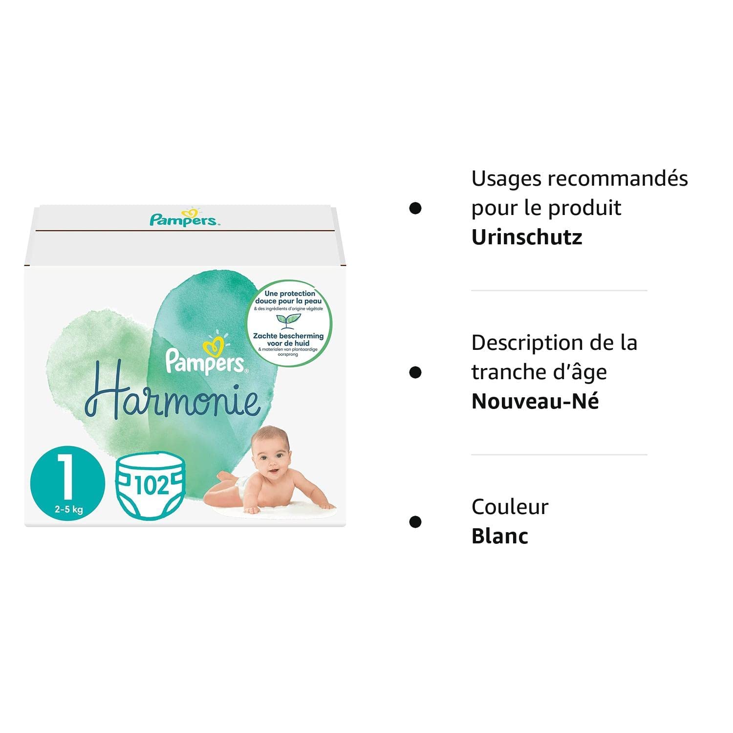 Pampers Couches Taille 1 (2-5 kg), Harmonie, 102 Couches Bébé, Pack 1 Mois, 0% de compromis, 100% d'absorption, Ingrédients d'origine végétale, Hypoallergéniques, L'emballage peut varier