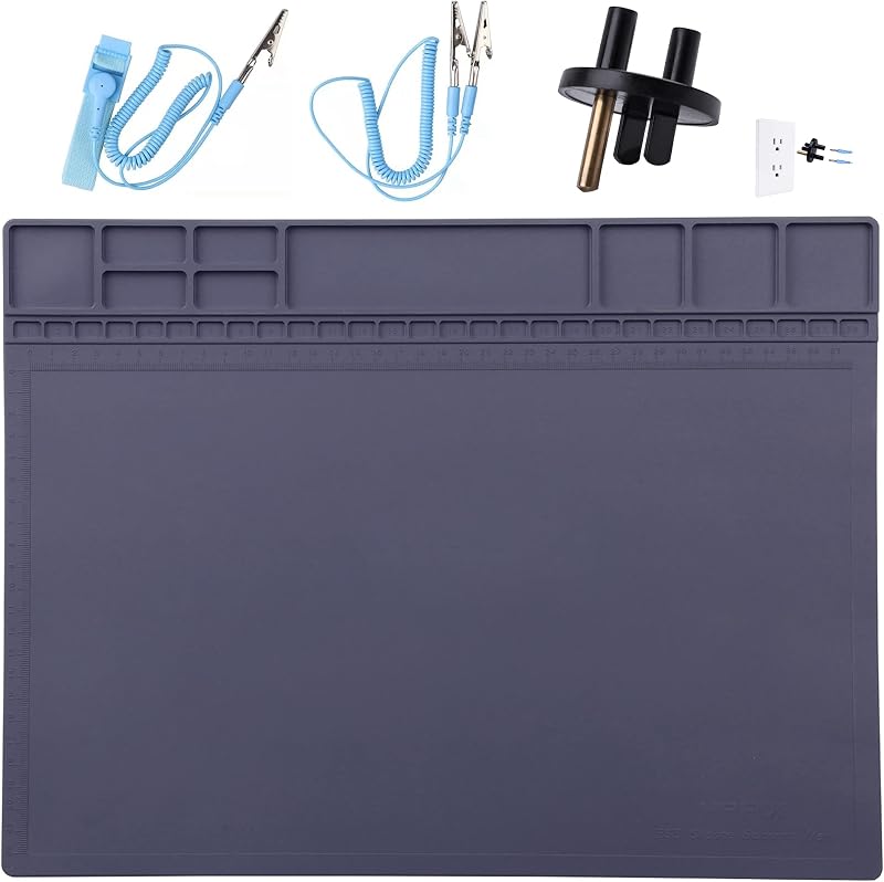Alfombrilla antiestática ESD segura para dispositivos electrónicos Incluye pulsera ESD y cable de conexión a tierra, alfombrilla de reparación de soldadura de silicona HPFIX resistente al calor 932 °F para iPhone iPad iMac, computadora portátil, computadora, 15.9" x 12" gris