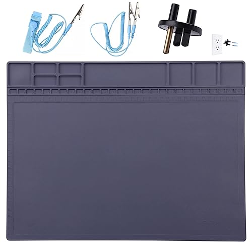 Anti-Static Mat ESD Safe for Electronic Includes ESD Wristband and Grounding Wire, HPFIX Silicone Soldering Repair Mat 932°F Heat Resistant for iPhone iPad iMac, Laptop, Computer, 15.9” x 12” Grey