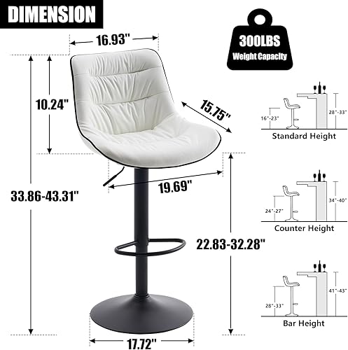 Miniatura 2 de Kidol & Shellder Juego de 2 taburetes de bar ajustables giratorios blancos, tapizados de piel sintética con espalda, modernos taburetes de altura de