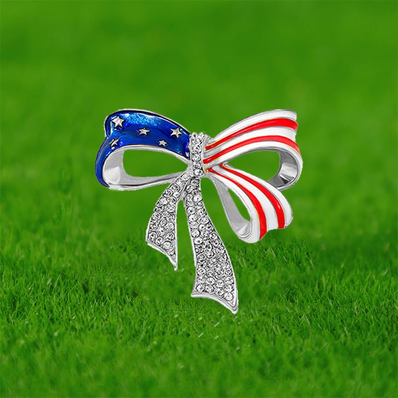 Image of Patriotic USA Flag Brooch Pin for Women Fashion Crystal Blue Red Independence Memorial Day Lapel Pin 4th of July Dress Accessories
