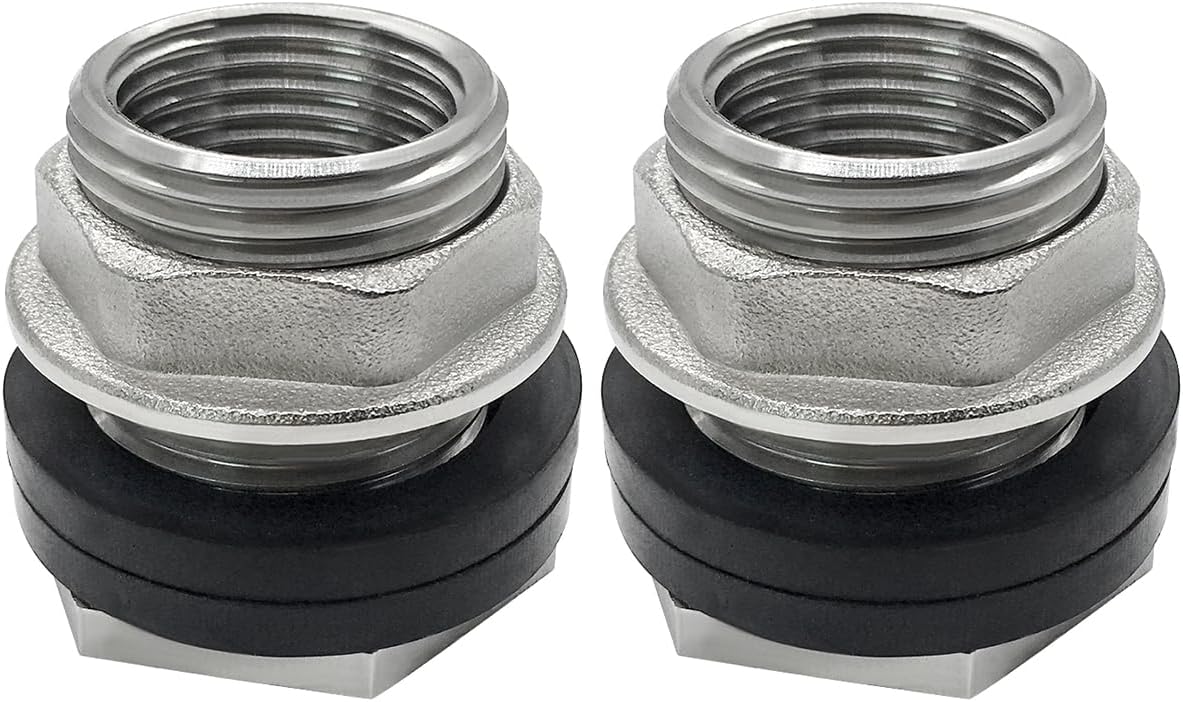 Beduan Stainless Garden Hose Bulkhead Fitting, 3/4 GHT Male to 1/2 NPT Female Bulkhead Water Tank Connector Thru-bulk Fitting for Rain Barrels, Aquariums, Sinks, Irrigation(Pack of 2)