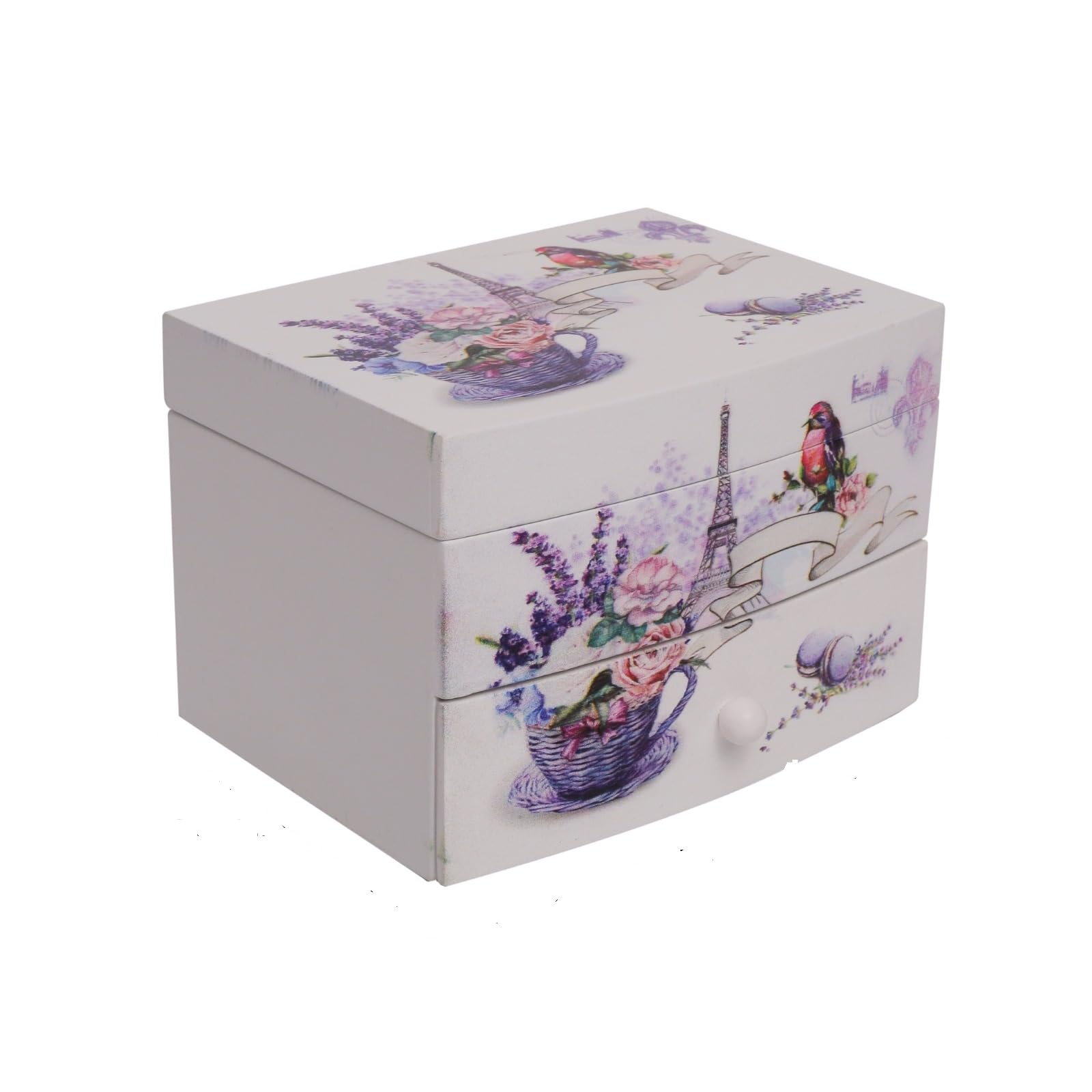 White and Purple Floral & Tower, Bird Pattern 2 Layer Jewelry Box for Women, Portable Jewelry Box Modern Design