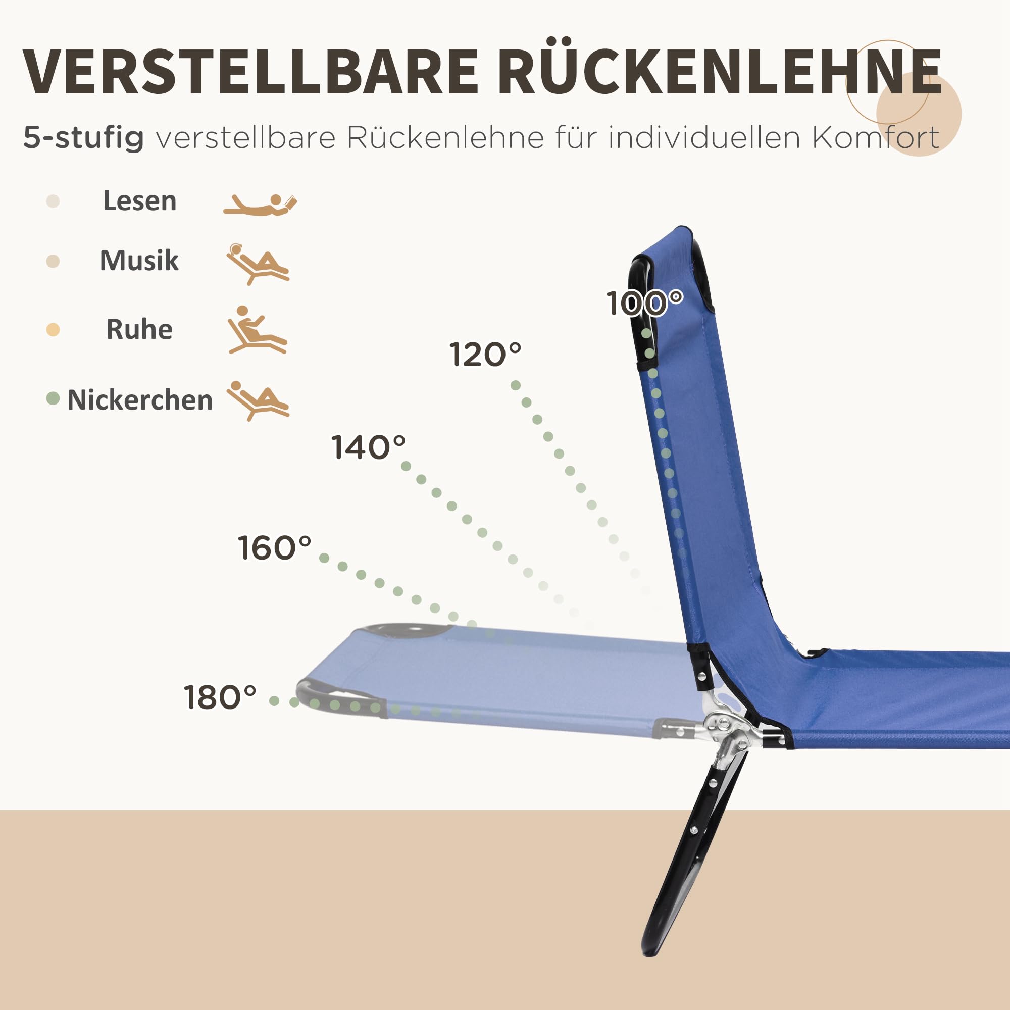 Outsunny Sonnenliege Klappbar Gartenliege 2er Set 5-Fach 120kg Blau | Höhenverstellbare Rückenlehne, Wetterfest, Outdoor Liegestuhl, Strandliege für Pool, Strand