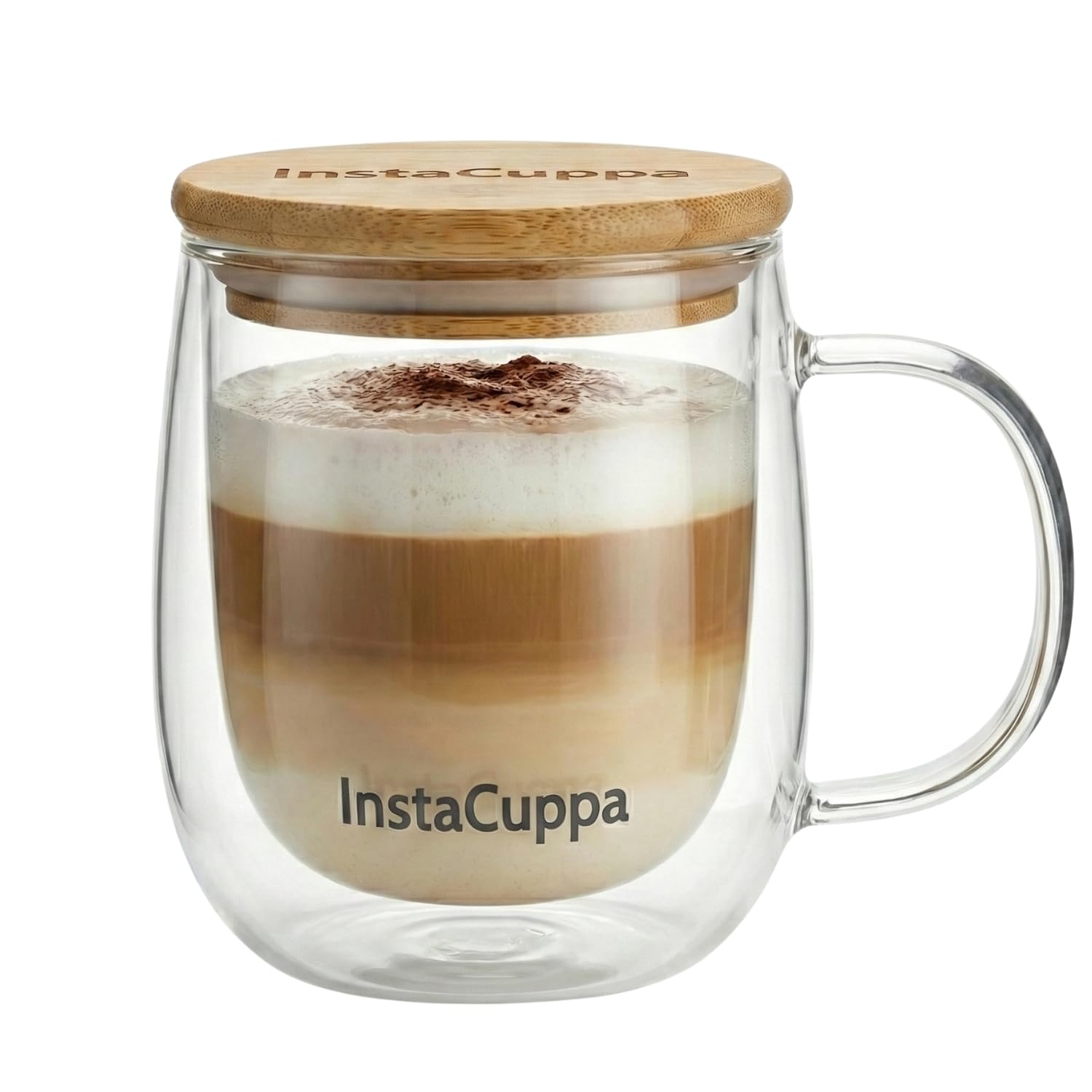 InstaCuppa Double Walled Glass Coffee Mug 300 ML with Bamboo Lid - Borosilicate Glass, Microwave Safe, Dishwasher Safe, Lid Doubles as Coaster for Busy Moms