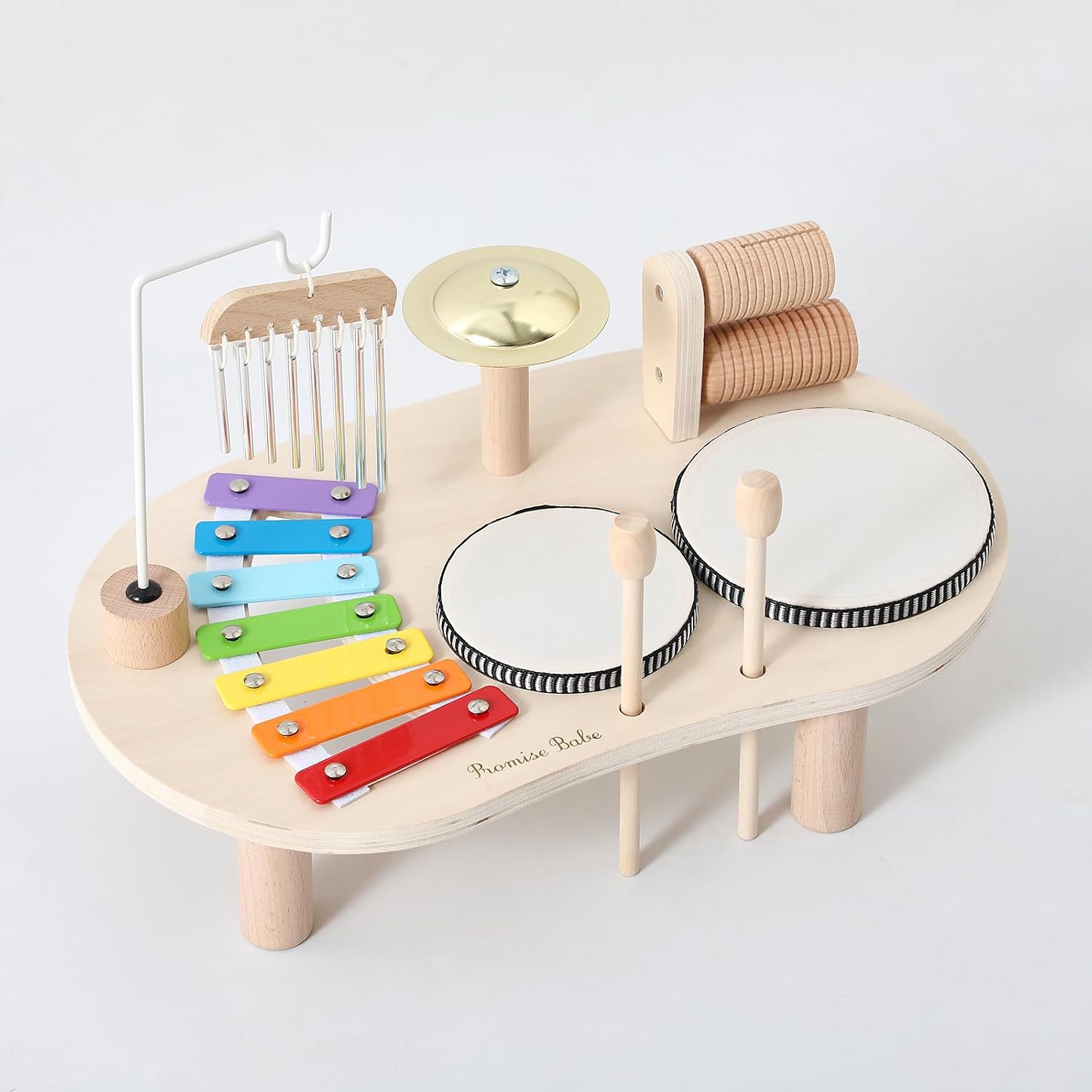 Promise Babe Wooden Drum Set for Toddlers 1-3, Musical Percussion Instruments for Kids Baby Drum Set Xylophone, Montessori Educational Musical Toys, Gifts for Girls Boys Ages 3+