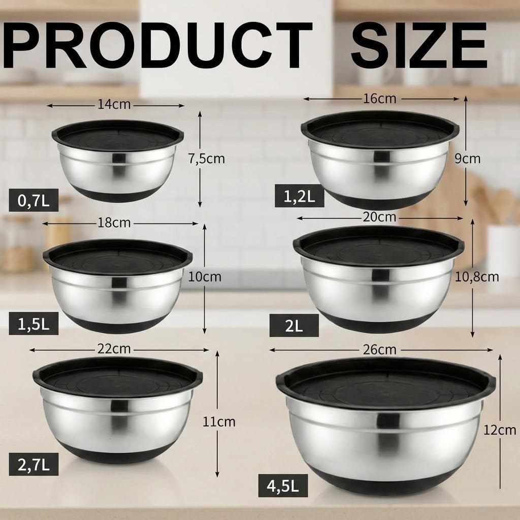 Miska do mieszania, zestaw 6 misek do pieczenia, serwowania, miska ze stali nierdzewnej z przezroczystą pokrywką, 3 nasadki do tarcia, 4,5 l/2,7 l/2 l/1,5 l/1,2 l/0,7 l, do gotowania