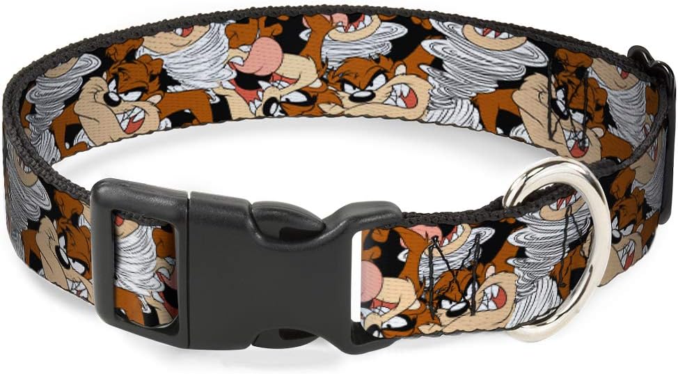 Dog Collar Plastic Clip Tasmanian Devil Vortex Poses Stacked Black 16 to 23 Inches 1.5 Inch Wide