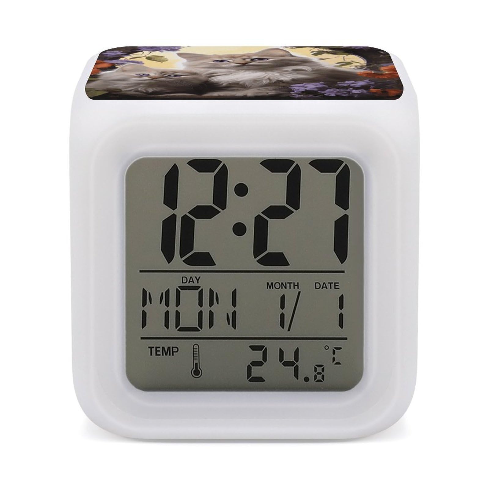 Reloj despertador infantil de gato con luz nocturna y temperatura