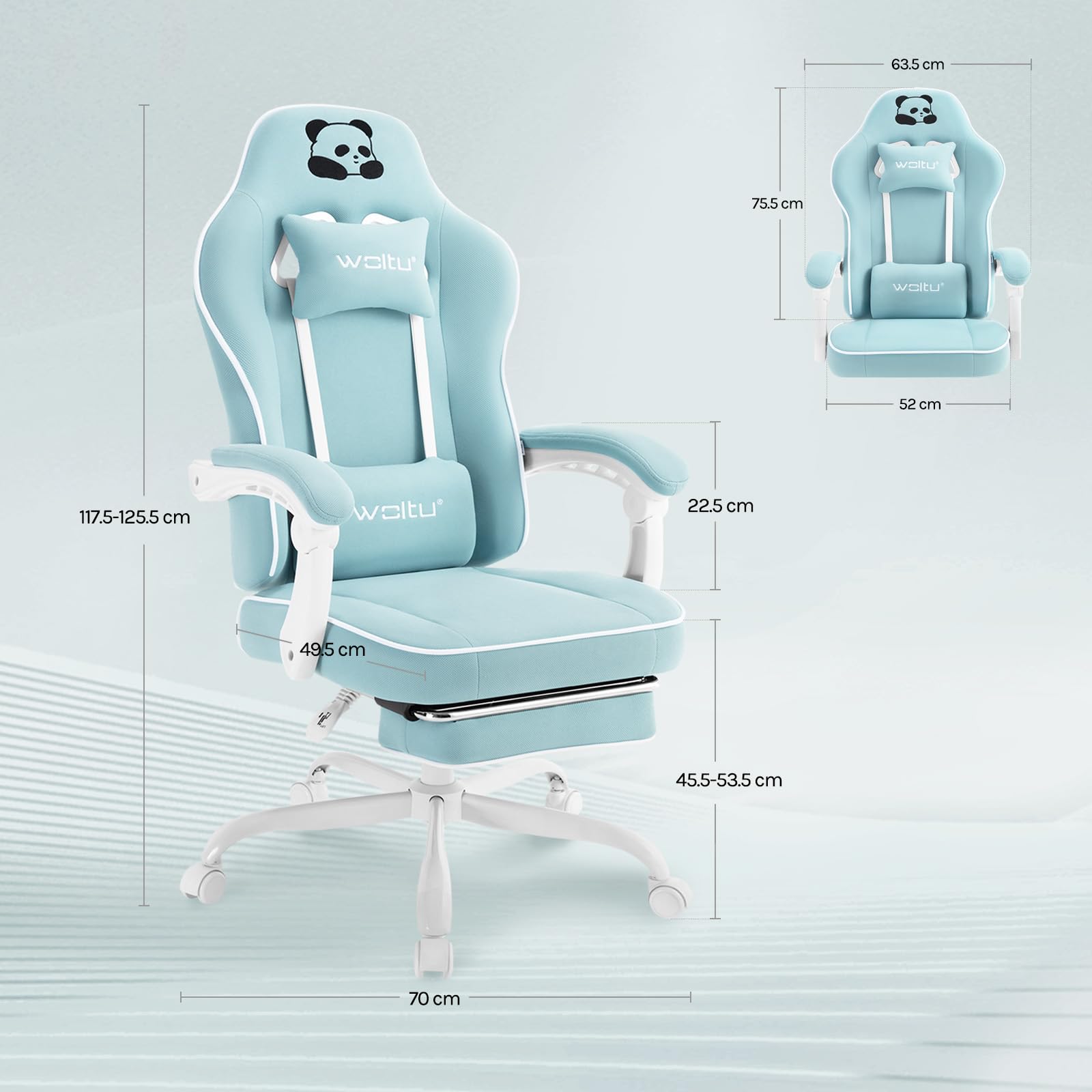 WOLTU Chaise Gaming, Fauteuil Gaming, avec Coussin à Ressorts Ensachés, Chaise Ergonomique, Charge 150kg, Appui-tête, Support Lombaire, Repose-Pieds, Tissu Maille, Bleu Clair