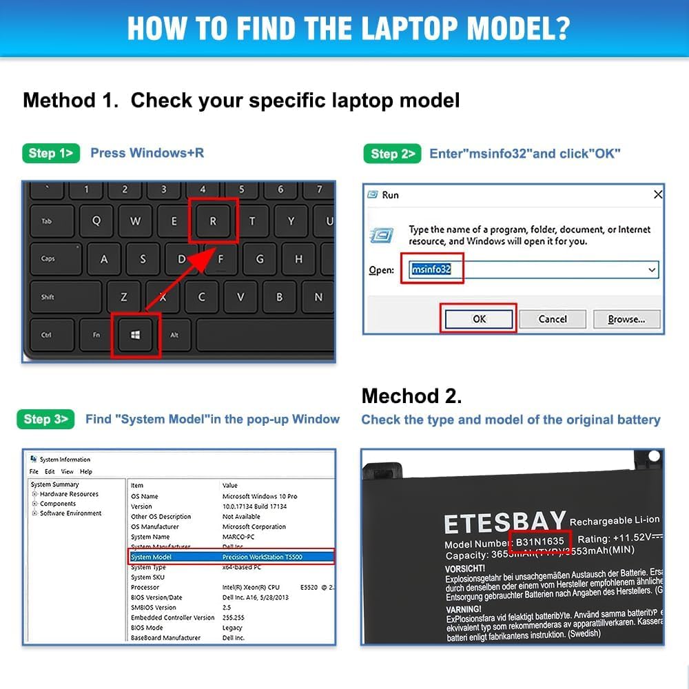 ETESBAY 90V7W 5K9CP JHXPY 0N7T6 0DRRP RWT1R DIN02 Laptop Battery Replacement for Dell XPS 13 9343, 13 9350 Ultrabook P54G P54G001 P54G002 RWT1R 0RWT