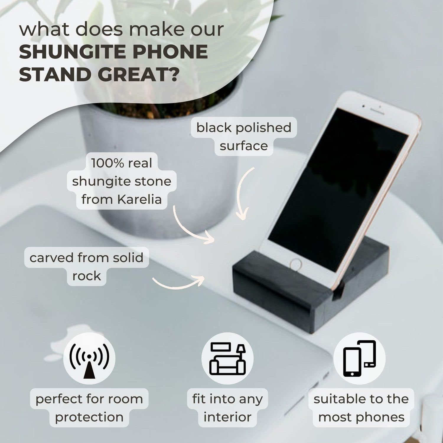 Karelian Heritage Shungite Cell Phone Protection Plate Stand | Black Shungite Polished Cell Phone Stand | Total Shield Crystal Natural Stone | Mobile Phone Protection for Home Office Room OP16