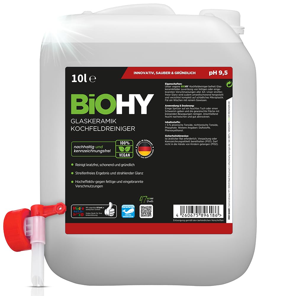BiOHY Detergente per piani cottura in vetroceramica (Lattina da 10 Litri) + Rubinetto di scarico | Ottimo per la pulizia e la cura del piano cottura e per l’induzione (Kochfeldreiniger)