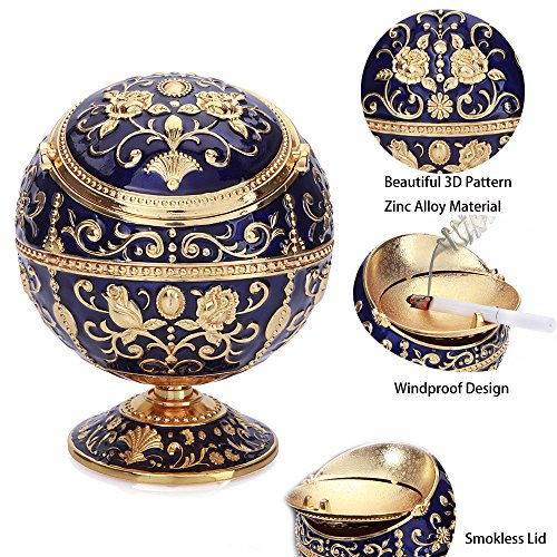 K Cool Windproof Ashtray With Lid Metal Portable Cigarettes Ashtray For Outdoors Indoors Hand Stamped Pattern Smoking Ashtray Fancy Gift For Men Women(Navy Blue) #TOP2