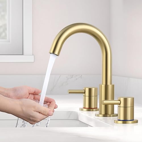 Miniatura 6 de Grifo de baño para fregadero de 3 agujeros de 8 pulgadas, oro cepillado, grifo de fregadero de baño con drenaje desplegable, grifo de baño
