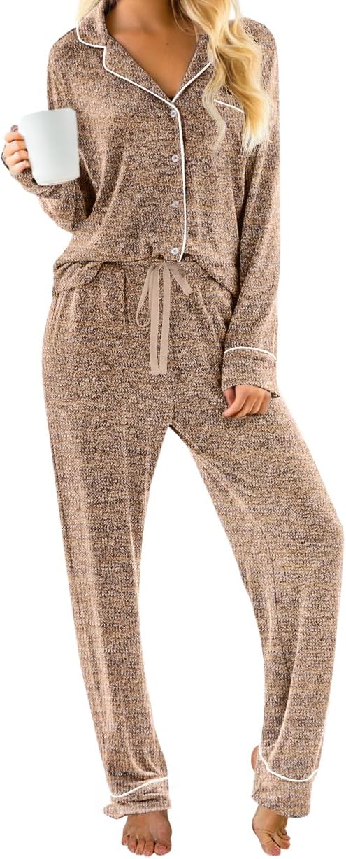 PrinStory Womens Pajama Sets Long Sleeve Pajamas Set Button Down Pjs Sets for Women 2 Piece Lounge Set
