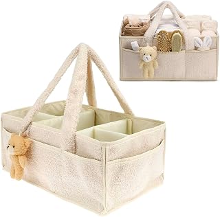 Baby Diaper Caddy Organizer, Portable Nappy Organizer, Basket, with Compartments and Handles, Plush Changing Organizer, Large with Bear Pendant, Multifunctional Changing Table, Organizer, Basket