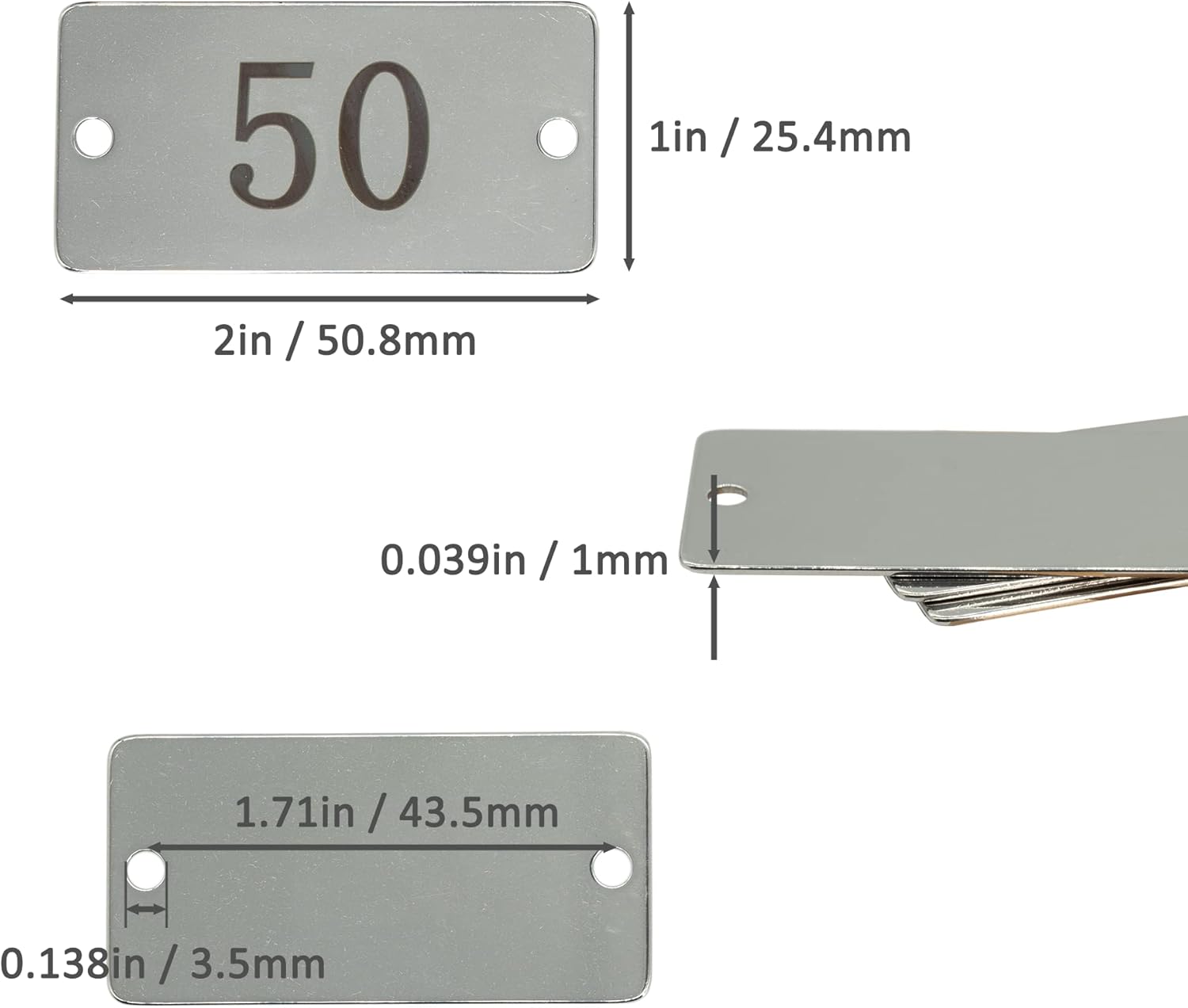 StayMax Stainless Steel Rectangle Numbered Tags with Two Holes 1 Inch x 2 Inch (26-50) - Image 2