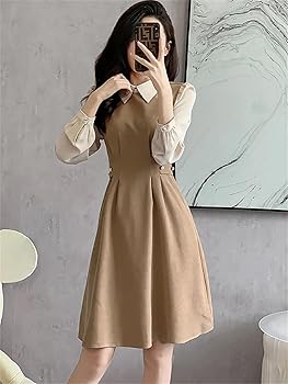 Woman Patchwork Midi Dress Long Sleeve Bodycon Dress Korean