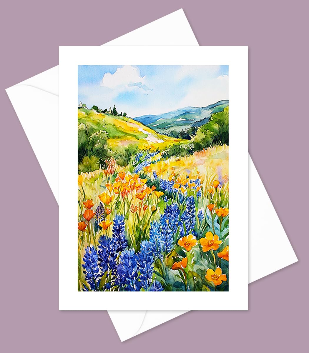 Lot de 10 cartes de vœux motif paysage floral avec enveloppes - Intérieur vierge - Image aquarelle d'une belle scène florale - Cadeau idéal