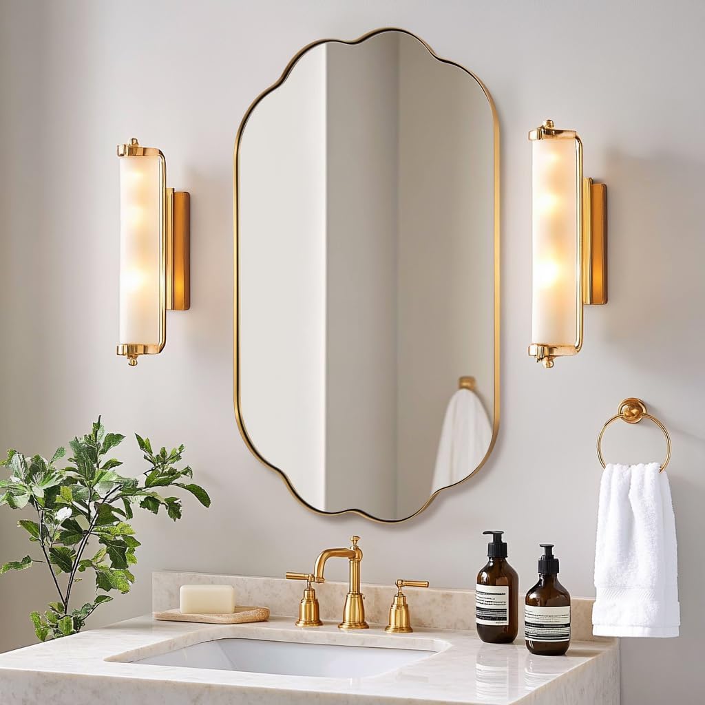 ANDY STAR Scalloped Bathroom Mirror, 24x36 Inch Brushed Gold Vanity Mirror in Stainless Steel Metal Frame, Unique Oval Mirror with Modern Curved Edge Design, Ideal for Bathroom, Bedroom, Entryway Brushed Gold 36"L x 24"W