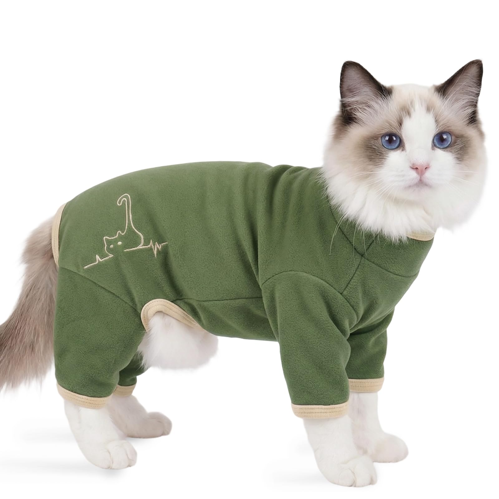Chaleco Polar para Gatos, Chaqueta de Invierno Abrigo Otoño Invierno Caliente Pullover Suave Fleece Onesie Felpa para Gatos Body Postoperatorio(Verde Militar, M) — view 35