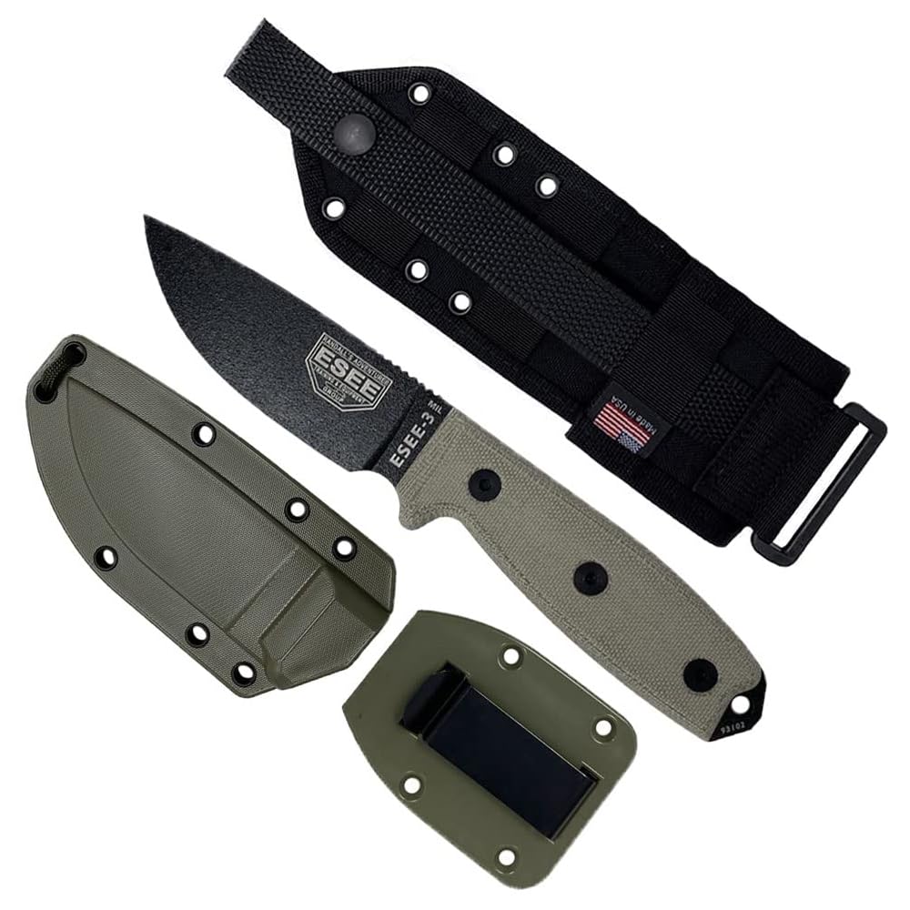 Knives ESEE-3MIL-P Military Plain Black Edge / w Green Canvas Micarta Handles