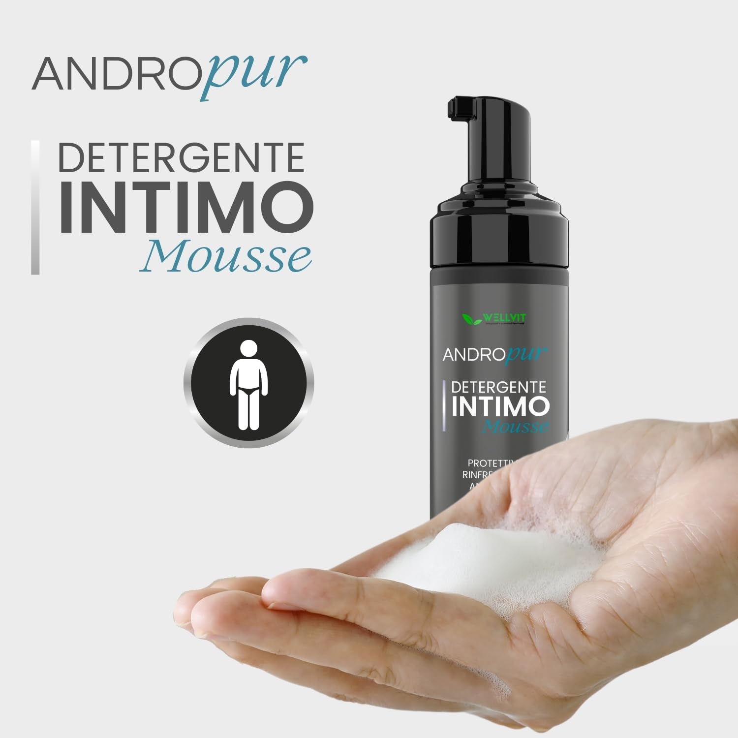 ANDROPUR - Pregiato Sapone Intimo Uomo a pH Neutro in Rinfrescante Schiuma Mousse, Detergente Igiene Intima Uomo Antibatterico Protettivo, Ingredienti Naturali e Antiodore, Made in Italy(150ml)