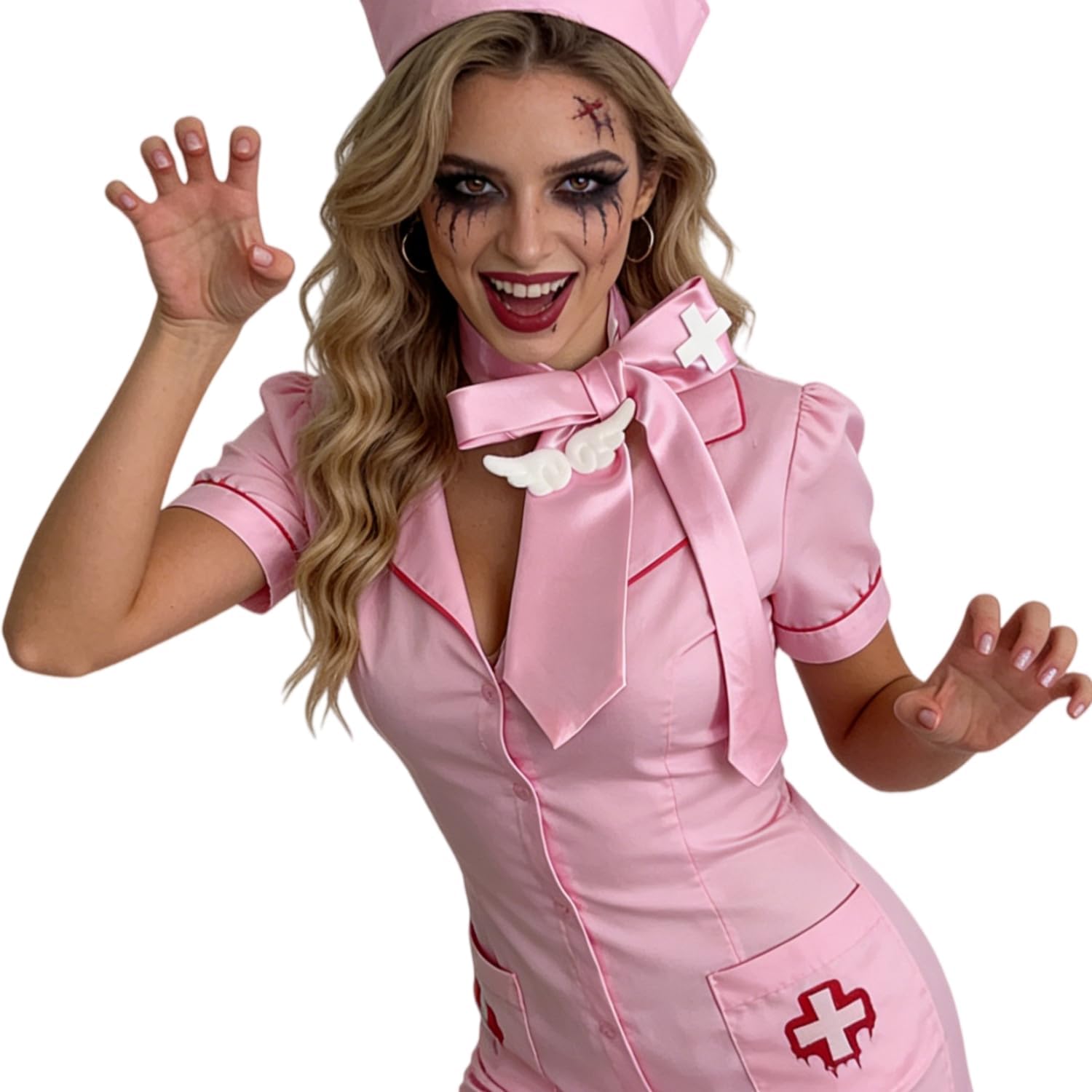 JIAHG Y2K Style Nurse Costume Tie with Plush Angel Wings and Cross Decor - Satin JK Uniform Cosplay Necktie for Women