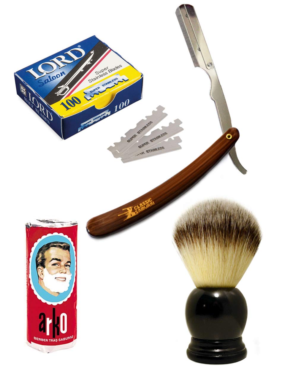 Men Premium Shaving Set with CS-101 Brown Stainless Steel Professional Barber Straight Edge Razor with 100 Lord Edge Razor Blades, Shaving Brush, Arko Stick Soap
