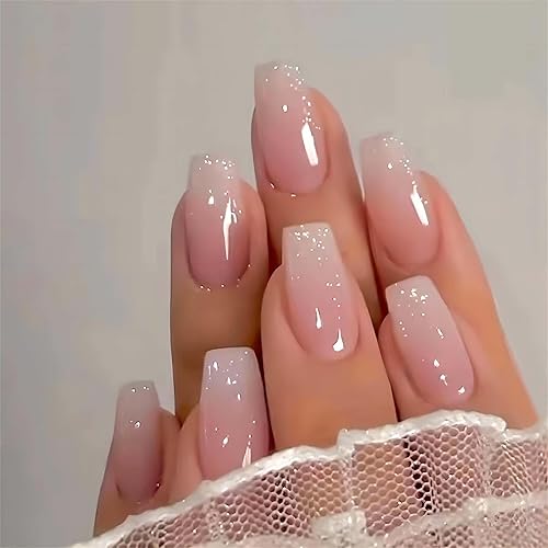 Pink Press On Nails Medium Coffin Fake Nails Glossy Acrylic
